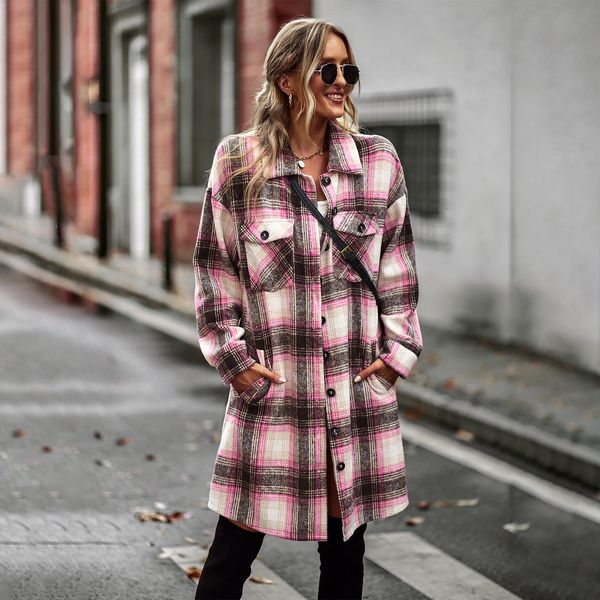 fur temperament casual long women's plaid 2022 autumn winter cardigan coat, Black