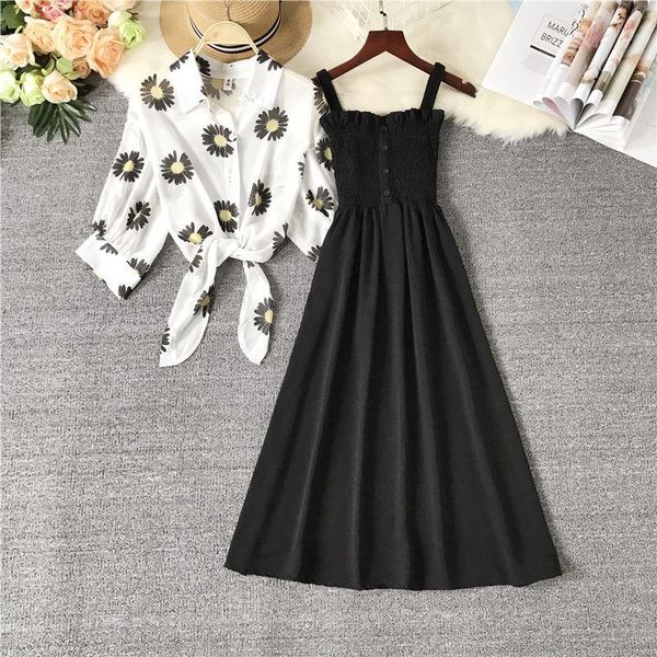 dress summer casual floral print chiffon shirts + elegant button women midi strap dress 2 piece sets female lady suit q202, White
dress summer casual floral print chiffon shirts + elegant button women midi strap dress 2 piece sets female lady suit q202, White