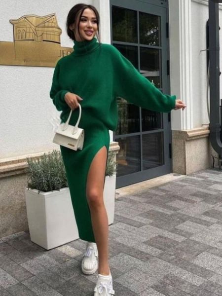 dress two piece sets womens outifit autumn winter new highneck loose pullover twopiece long skirt with slit fashion, White 
dress two piece sets womens outifit autumn winter new highneck loose pullover twopiece long skirt with slit fashion, White