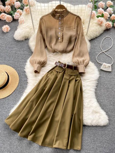 two piece dress ftlzz autumn winter women two piece sets stand collar puff sleeve ruffled and empire slim skirt with belt office lady suits, White
two piece dress ftlzz autumn winter women two piece sets stand collar puff sleeve ruffled and empire slim skirt with belt office lady suits, White