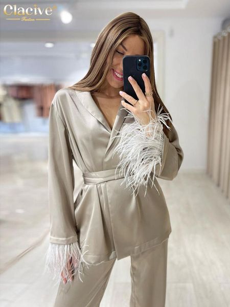 pants clacive causal loose home suit autumn fashion khaki satin wide pants set elegant long sleeve laceup robes two piece set womens, White
pants clacive causal loose home suit autumn fashion khaki satin wide pants set elegant long sleeve laceup robes two piece set womens, White