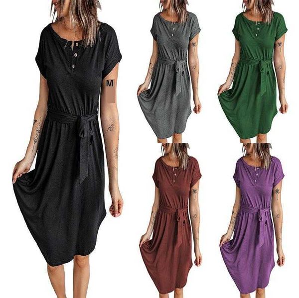 solid color dress summer button belt cinched slimming short sleeves skirt, Black;gray
solid color dress summer button belt cinched slimming short sleeves skirt, Black;gray