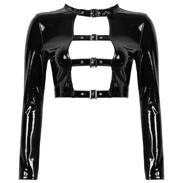t-shirt female womens wet look fashion leather rave party clubwear hollow out front with buckles gothic punk moto costume crop top, White
t-shirt female womens wet look fashion leather rave party clubwear hollow out front with buckles gothic punk moto costume crop top, White
