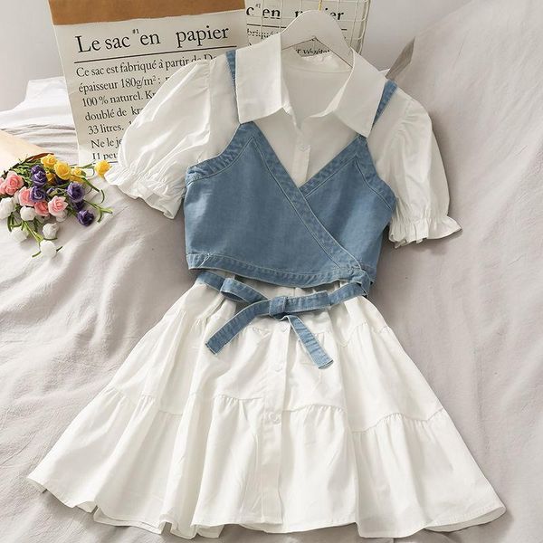 dress korean sweet women dress suits polo collar puff sleeve button up blouse dress + bow tie denim suspender shirt 2pcs dress set new, White
dress korean sweet women dress suits polo collar puff sleeve button up blouse dress + bow tie denim suspender shirt 2pcs dress set new, White