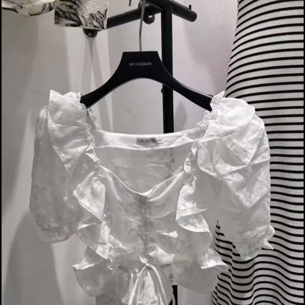 women's blouses korean fashion casual for women almighty summer puff short sleeve square collar pleated femme shirts skinny blsuas, White
women's blouses korean fashion casual for women almighty summer puff short sleeve square collar pleated femme shirts skinny blsuas, White