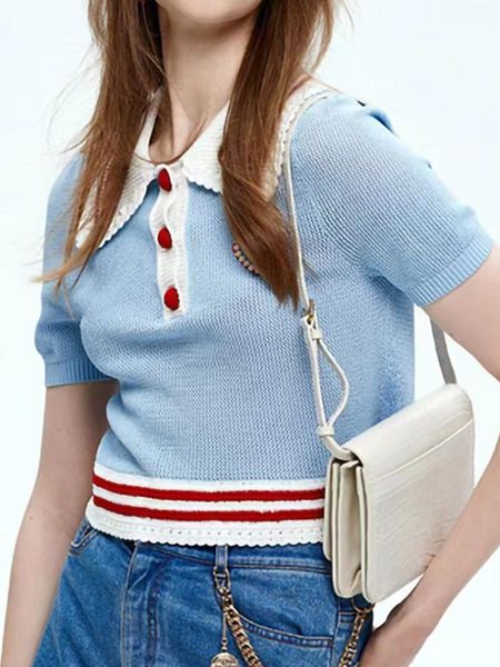 sweaters women's color patchwork thin knit sweater lace trim short sleeve female turndown collar casual cropped knitwear 2022 summer, White;black
sweaters women's color patchwork thin knit sweater lace trim short sleeve female turndown collar casual cropped knitwear 2022 summer, White;black