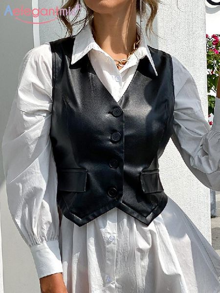 vests aelegantmis vintage cropped pu leather vest for women vneck button slim waistcoat 2022 spring autumn sleeveless jacket female, Black;white
vests aelegantmis vintage cropped pu leather vest for women vneck button slim waistcoat 2022 spring autumn sleeveless jacket female, Black;white