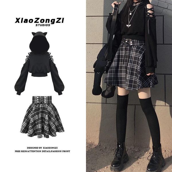 dress houzhou black gothic hoodies cat ear bandage sweatshirt plaid skirt women punk two piece suit harajuku hollow out y2k outfits, White
dress houzhou black gothic hoodies cat ear bandage sweatshirt plaid skirt women punk two piece suit harajuku hollow out y2k outfits, White