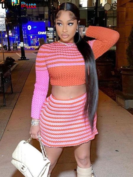 dress weird puss striped knit women 2 piece set autumn trend long sleeve crop mini skirts matching skinny casual streetwear outfit, White