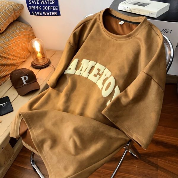 men's tshirts american retro foam printed letters short sleeved men summer suede brown tshirt trendy brand ins high street loose y2k t, White;black
men's tshirts american retro foam printed letters short sleeved men summer suede brown tshirt trendy brand ins high street loose y2k t, White;black