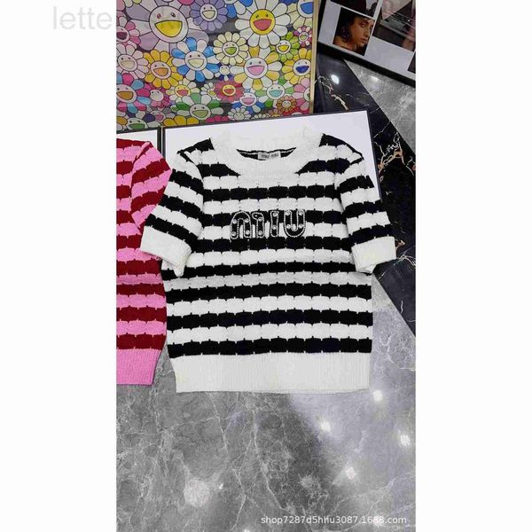 women's knits & tees designer 23 spring/summer new niche design trendy brand stripe heavy knit short sleeved letter embellishment sweet, White 
women's knits & tees designer 23 spring/summer new niche design trendy brand stripe heavy knit short sleeved letter embellishment sweet, White