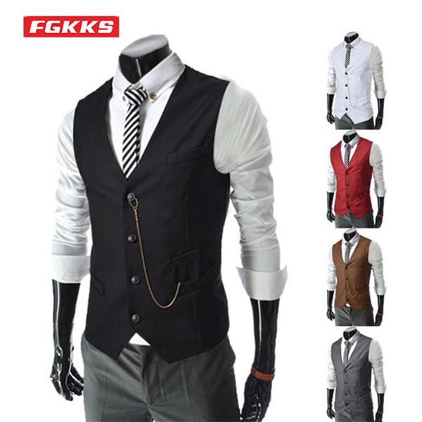 blazers fgkks spring autumn suit vest men solid color sleeveless vest with metal chain business casual gentleman suit vest male, White;black 
blazers fgkks spring autumn suit vest men solid color sleeveless vest with metal chain business casual gentleman suit vest male, White;black