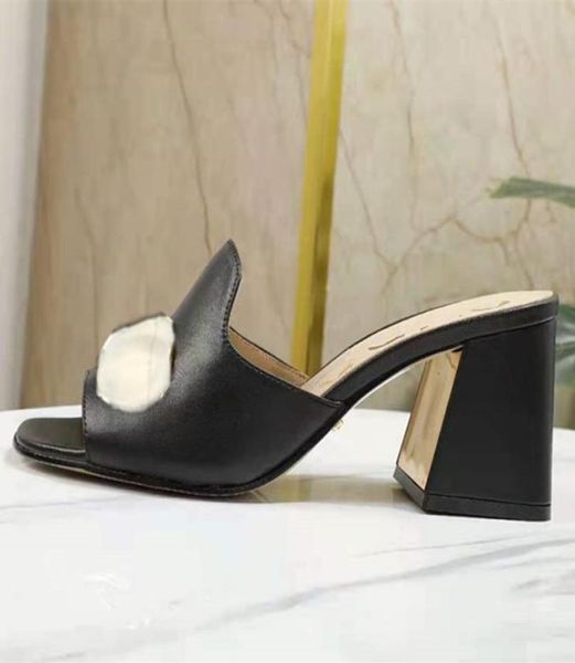 2022 designer slides women flip flops leather women sandal with double metal 35437173435, Black