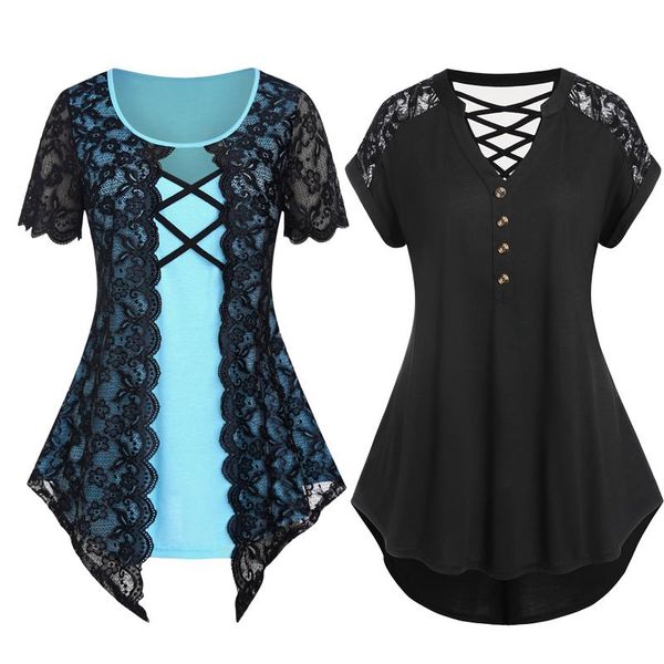 t-shirt women's black crisscross high low light blue lace panel 2 in 1 tees m4xl fashion v notch long irregular contrast blouses, White
t-shirt women's black crisscross high low light blue lace panel 2 in 1 tees m4xl fashion v notch long irregular contrast blouses, White