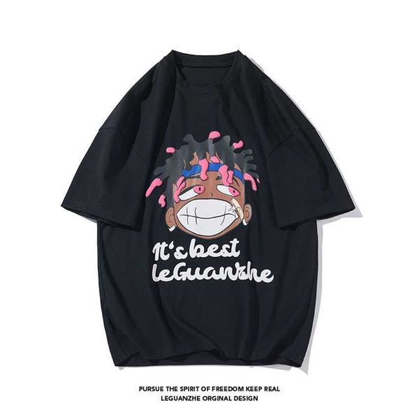 american printed short sleeved t-shirt for men in with design sense of niche street oversize trendy top, White;black
american printed short sleeved t-shirt for men in with design sense of niche street oversize trendy top, White;black