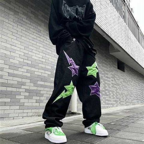 men's pants new fashion jeans women/men trend tide hip hop street lightning five-pointed star patch loose casual wide-leg hiphop g23042, Black
men's pants new fashion jeans women/men trend tide hip hop street lightning five-pointed star patch loose casual wide-leg hiphop g23042, Black