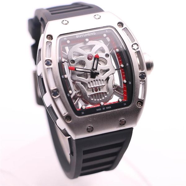 fashion boyuheng quartz baterry 43mm silver skull skeleton dial mens watches tonneau case shape transaparent back two red hands wr241u, Slivery;brown
fashion boyuheng quartz baterry 43mm silver skull skeleton dial mens watches tonneau case shape transaparent back two red hands wr241u, Slivery;brown