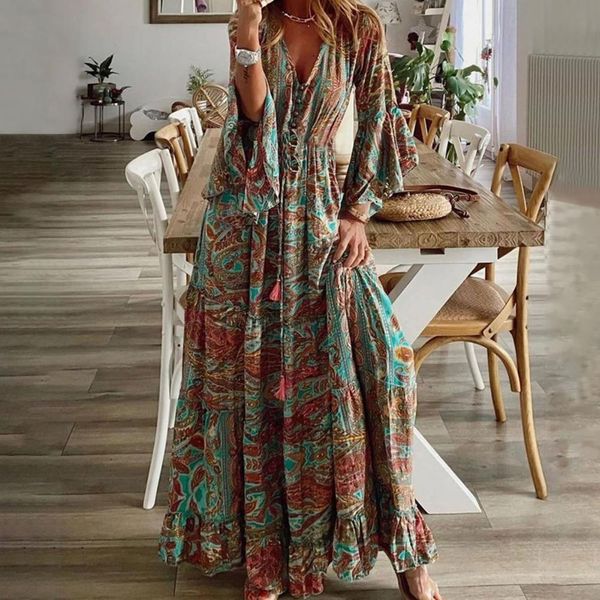 dresses women chic retro floral print boho dress 2021 spring 3/4 flare sleeve ruffle maxi dress summer v neck button beach holiday dress, White;black
dresses women chic retro floral print boho dress 2021 spring 3/4 flare sleeve ruffle maxi dress summer v neck button beach holiday dress, White;black