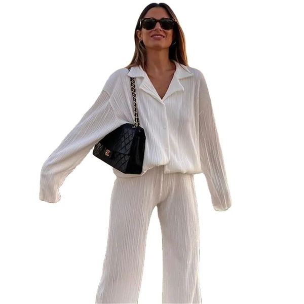women's two piece pants european and american fashion pleated design shirt suit straight trousers loose drape two-piece suit, White
women's two piece pants european and american fashion pleated design shirt suit straight trousers loose drape two-piece suit, White