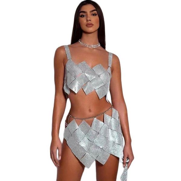 dress women 2 piece set shiny crystal hollow out sleeveless backless halter tank metal chain rhinestone diamond mini skirt, White
dress women 2 piece set shiny crystal hollow out sleeveless backless halter tank metal chain rhinestone diamond mini skirt, White
