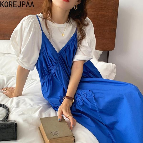 dress korejpaa women sets 2021 summer korean chic western style round neck loose puff sleeve tshirt design pleated suspender dress, White
dress korejpaa women sets 2021 summer korean chic western style round neck loose puff sleeve tshirt design pleated suspender dress, White