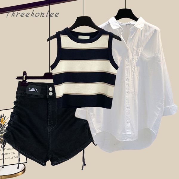 women's tracksuits summer korean casual striped vest long sleeve shirt jeans shorts ladies suit fashion allinone threepiece set 230421, Gray
women's tracksuits summer korean casual striped vest long sleeve shirt jeans shorts ladies suit fashion allinone threepiece set 230421, Gray