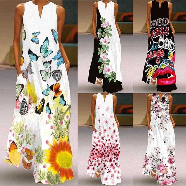 sleeveless long dress v neck printed womens clothing wholesale, Black;gray 
sleeveless long dress v neck printed womens clothing wholesale, Black;gray