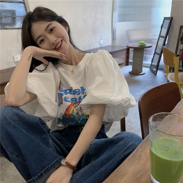 men's tshirts 3 sizes mxl causal all match puff sleeve white basic cartoon printed letter short loose college wind oneck women tees 230, White;black
men's tshirts 3 sizes mxl causal all match puff sleeve white basic cartoon printed letter short loose college wind oneck women tees 230, White;black