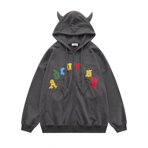 2023 men's devil horn hoodies hat design autumn jacket letter embroidery hip hop streetwear hoodie loose zipper casual jacket sweatshir, Black
2023 men's devil horn hoodies hat design autumn jacket letter embroidery hip hop streetwear hoodie loose zipper casual jacket sweatshir, Black