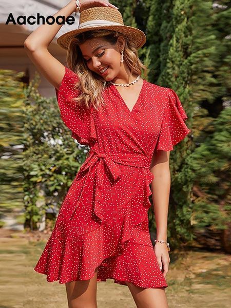 dresses aachoae summer women elegant dot print mini dresses boho ruffles short sleeve sashes dress female v neck a line chic party dress, Black;gray
dresses aachoae summer women elegant dot print mini dresses boho ruffles short sleeve sashes dress female v neck a line chic party dress, Black;gray