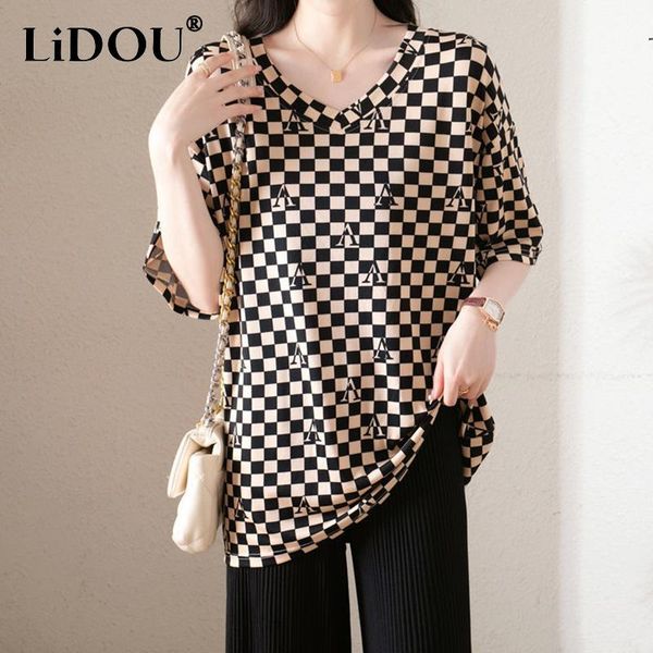 t-shirt summer fashion ice silk vintage plaid print oversized loose casual pullover women vneck popularity tee female tshirts, White
t-shirt summer fashion ice silk vintage plaid print oversized loose casual pullover women vneck popularity tee female tshirts, White