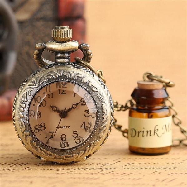 vintage creative drink me glass bottle pocket watches quartz analog watch for women lady girl clock necklace pendant chain gift2999, Slivery;golden
vintage creative drink me glass bottle pocket watches quartz analog watch for women lady girl clock necklace pendant chain gift2999, Slivery;golden
