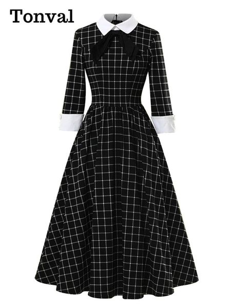 dresses tonval knot neck black and white plaid vintage cotton midi dresses for women elegant party 3/4 length sleeve spring dress, Black;gray
dresses tonval knot neck black and white plaid vintage cotton midi dresses for women elegant party 3/4 length sleeve spring dress, Black;gray