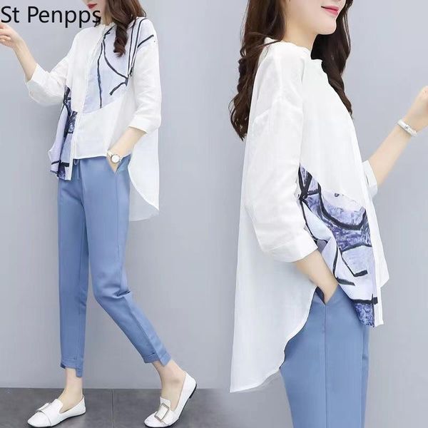 dress female office suit asymmetrical print shirts +irregular long pants suit women's summer casual costumes 2 piece sets outfits, White
dress female office suit asymmetrical print shirts +irregular long pants suit women's summer casual costumes 2 piece sets outfits, White