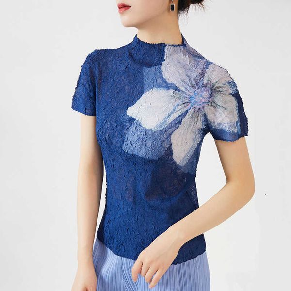 women's short summer sleeved t-shirt feminine high collar slim fit printed pleated high-end top, White
women's short summer sleeved t-shirt feminine high collar slim fit printed pleated high-end top, White