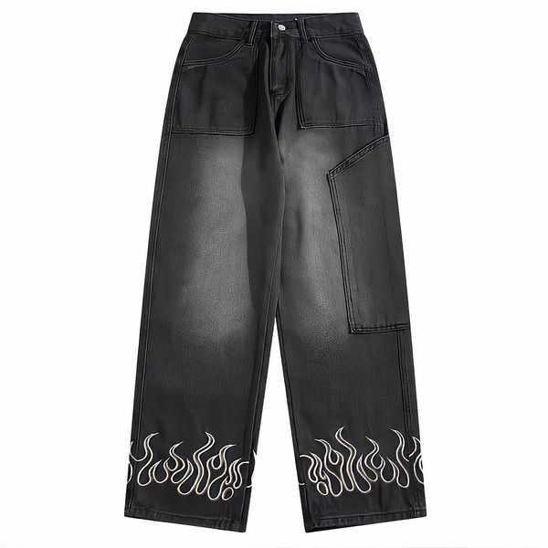 men's pants women casual straight baggy denim trousers vintage hip hop cloes new cargo pants man streetwear y2k flame embroidery jeans, Black
men's pants women casual straight baggy denim trousers vintage hip hop cloes new cargo pants man streetwear y2k flame embroidery jeans, Black
