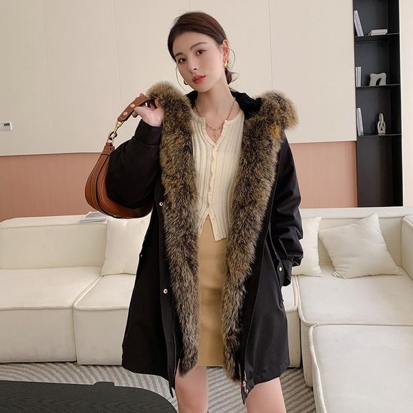 fur hooded parkas for women's winter rabbit fur inner liner middle long loose overcome fox fur collar drawstring waist warm jackets, Black
fur hooded parkas for women's winter rabbit fur inner liner middle long loose overcome fox fur collar drawstring waist warm jackets, Black