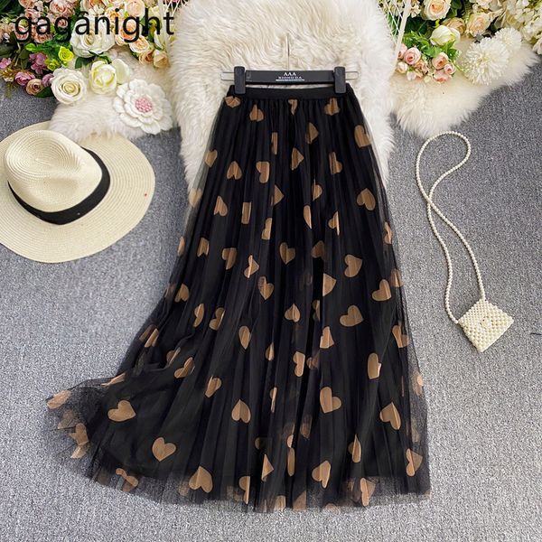 skirts gaganight long tulle midi skirts women spring elastic high waist mesh pleated skirt female love heart long skirt streetwear 230422, Black