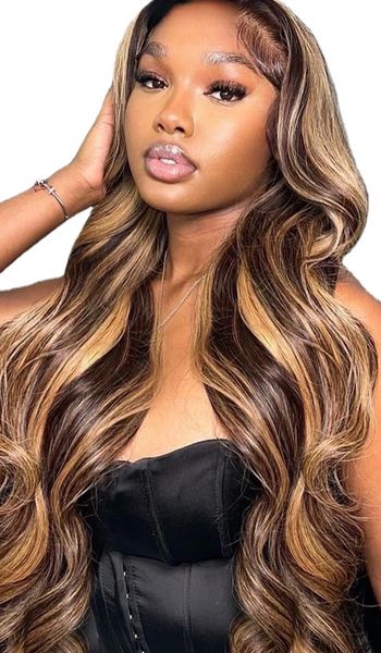 highlight wig body wave brown lace front human hair wigs for woman hd transparent lace frontal wigs 4/27 colored human hair wigs, Black;brown 
highlight wig body wave brown lace front human hair wigs for woman hd transparent lace frontal wigs 4/27 colored human hair wigs, Black;brown