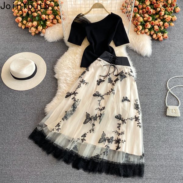 two piece dress joinyouth elegant two piece sets women butterfly embroidered mesh high waist skirts skew collar short t-shirt temperament su, White 
two piece dress joinyouth elegant two piece sets women butterfly embroidered mesh high waist skirts skew collar short t-shirt temperament su, White