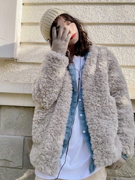 leather jessic fashion crewneck sheepskin coat loose warm plush thermal parkas cardigan in winter short rabbit fur plush fur top, Black
leather jessic fashion crewneck sheepskin coat loose warm plush thermal parkas cardigan in winter short rabbit fur plush fur top, Black