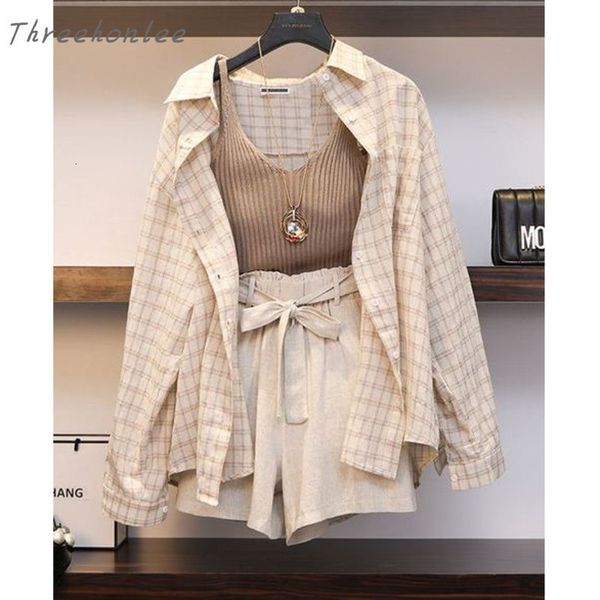 women's tracksuits summer korean casual shorts suit outfit knitted vestplaid long sleeve sunscreen set clothing 230421, Gray
women's tracksuits summer korean casual shorts suit outfit knitted vestplaid long sleeve sunscreen set clothing 230421, Gray