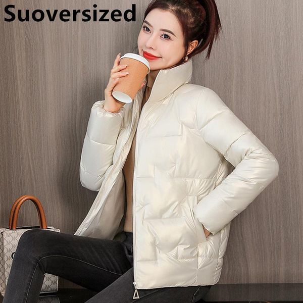 leather winter glossy thicken down cotton parkas for women warm loose windproof outwear korean casual oversized stand collar jackets, Black
leather winter glossy thicken down cotton parkas for women warm loose windproof outwear korean casual oversized stand collar jackets, Black