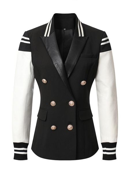 pants women's casual leather patchwork double breasted jacket style long sleeve classic varsity women blazer, White
pants women's casual leather patchwork double breasted jacket style long sleeve classic varsity women blazer, White
