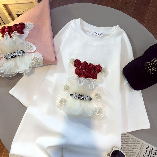 t-shirt cotton brushed thickening flower embroidery tshirt women's summer design sense handwearing beads woman bear cartoon tshirts, White
t-shirt cotton brushed thickening flower embroidery tshirt women's summer design sense handwearing beads woman bear cartoon tshirts, White