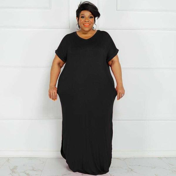 summer solid color round neck large size dress slit hemline at hem loose skirt, Black;gray
summer solid color round neck large size dress slit hemline at hem loose skirt, Black;gray