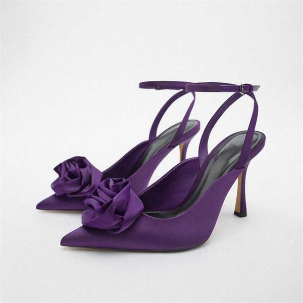 sandals autumn flower heeled shoes for women ankle strap high heels woman purple pointed toe slingback pumps weddings bridal shoe 230406, Black