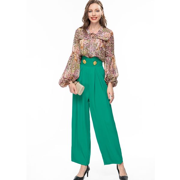 women's runway two piece pants o neck lantern sleeves leopard printed blouse with wide leg long pant fashion twinset sets, White
women's runway two piece pants o neck lantern sleeves leopard printed blouse with wide leg long pant fashion twinset sets, White