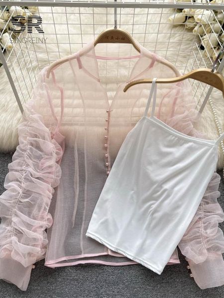 t-shirt singreiny transparent mesh two piece suits women ruched v neck long sleeve blouse strap camisole retro french summer, White
t-shirt singreiny transparent mesh two piece suits women ruched v neck long sleeve blouse strap camisole retro french summer, White