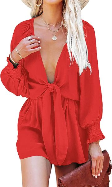 alvaq rompers for women dressy spring summer tie knot front v neck jumpsuits, Red;black
alvaq rompers for women dressy spring summer tie knot front v neck jumpsuits, Red;black